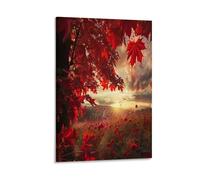 Rustic Maple Tree Canvas Wall Art, Beautiful Flowers Natural Sunset Scenery Painting Print on Textured Canvas, Wall Poster Artwork for Living Room Bedroom Office Decor Frame 24x36inch(60x90cm)