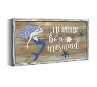 Rustic Mermaid Framed Wall Art: Coastal Starfish Picture Modern Wooden Ocean Theme Painting Wood Decor Vintage Sea Life Artwork Prints for Bedroom