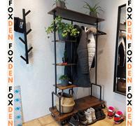 Rustic Metal Clothes Rail Wheels Heavy Duty Hang Rack Hat Coat Stand Shoe Shelf