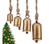 Rustic Metal Cow Bells Set - 4 Hanging Bells in 2.5" to 5.5" with Jute Rope - Christmas Decor, Gold Bell Garland, Vintage Farmhouse Ornaments, Coated Brass Bell, Cowbell Craft Bells for Decoration