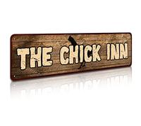 Rustic Metal "The Chick Inn" Tin Sign Art Wall Decor Funny Outdoor Garden Farm Signs, Chicken Gifts Coops Farmhouse Decor Hen House 4" by 16"