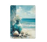 Rustic Metal Tin Sign Bathroom Decor Wall Art Blue Beach Picture Ocean Theme Flower Print Coastal Seascape Painting Seaside Artwork Floral Daisy In Indian Vase For Home Sea Lake Bedroom 12x16 Inch