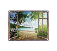 Rustic Metal Tin Sign Beach Wall Art Sunset Ocean Landscape Wall Decor Palm Tree Picture Tropical Coastal Scenery Prints Nature Seascape Painting Artwork For Living Room Home Decoration 12x16 Inch