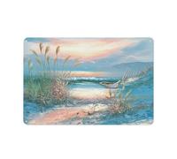 Rustic Metal Tin Sign Blue Beach Coast Wall Art Ocean Reeds Wall Decoration Seascape Sunrise Picture Boat Nature Landscape Painting Bedroom, Living Room, Bathroom 8x12 Inch