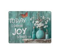 Rustic Metal Tin Sign Flower Wall Art for Bathroom, Today I Chose Joy Inspiraitional Pictures for Wall Decor, Bouquet in Vase Butterflies Pictures, Floral Prints for Home Artwork 12x16 Inch