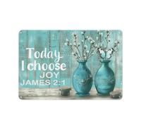 Rustic Metal Tin Sign Flower Wall Art for Bathroom, Today I Chose Joy Sill Flower Teal Wall Art Butterfly Landscape Painting, Country Floral Artwork for Bathroom Bedroom 8x12 Inch