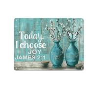 Rustic Metal Tin Sign Flower Wall Art for Bathroom, Today I Chose Joy Sill Flower Teal Wall Art Butterfly Landscape Painting, Country Floral Artwork for Bathroom Bedroom 12x16 Inch