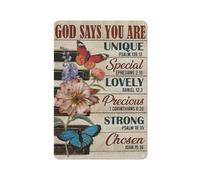 Rustic Metal Tin Sign God Says You are Unique Special Lovely Precious Strong Chosen, Butterfly Flower, Poster Decor 8x12 Inch
