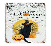 Rustic Metal Tin Sign Happy Halloween Black Cat Witch Hat Wall Décor Aluminum Tin Signs for House Entryway Yard Animals Illustrations Pagan Goth Art Poster Gift for Business 12x12 Inch