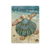 Rustic Metal Tin Sign Seashell Art, Baby Turtle, On The Beach, God Says You are Chosen Jesus Portrait Prints, Christian Wall Art 12x16 Inch