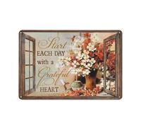 Rustic Metal Tin Sign Start Each Day with A Grateful Heart, Hummingbird Poster, Window Decor Farmhouse Wall Art Home Garden Home Living Room,Bedroom,Porch Retro Wall Decor 8x12 Inch