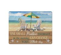 Rustic Metal Tin Sign Summer Vibe, Blue Ocean, Cute Chair, One Small Positive Thought Jesus Landscape Prints, Christian Wall Art for Bathroom Kitchen Home Decoration 12x16 Inch
