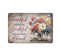 Rustic Metal Tin Sign Thankful Grateful Blessed Inspirational Wall Art Family Blessed Signs Prints Farmhouse Butterfly Floral Artwork for Kitchen Living Room Bedroom Home Decorations 8x12 Inch