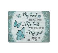 Rustic Metal Tin Sign Turquoise Butterfly, My Mind Still Talks to You Heaven Landscape Prints Farmhouse Wall Art Home Garden Home Living Room,Bedroom,Porch Retro Wall Decor 12x16 Inch