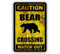 Rustic Metal Wall Art Decor Caution Bear Crossing Retro Tin Sign Watch Out Yellow Background Tin Sign Ourdoor Man Cave Home Garden Bar Club Wall Decor Signs Metal Decor Funny Signs Gift 8x12 inch