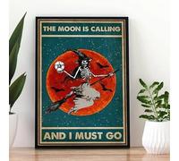 Rustic Metal Wall Art The Moon is Calling and I Must Go Witch Halloween Poster Metal Signs Vintage Room Decor Wall Art Tin Sign Gift for Garage Living Room Man Cave Bar 8x12 inch