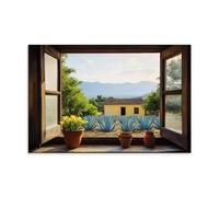 Rustic Mexican Agave Wall Art Hanging Paintings Poster, Faux Window View to Agave Plantation Scenic Art Print, Southwestern Rural Landscape Decor Ideal for Living Room Interior Wall Decoration 12x18in