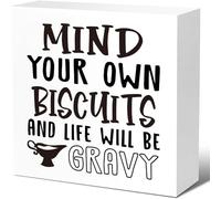 Rustic Mind Your Own Biscuits Kitchen Sign Decor Funny Kitchen Wood Block Signs Farmhouse Kitchen Wooden Box Sign Decor For Home Kitchen Shelf Counter Desk Table Decor Gift For Women Men 5x5 Inch