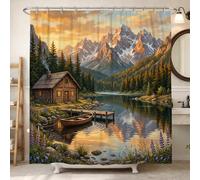 Rustic Mountain Cabin Landscape Log Shower Curtain 72x84 Inch