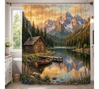 Rustic Mountain Cabin Landscape Log Shower Curtain 72x96 Inch