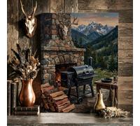 Rustic Mountain Grill Scene Stone Fireplace Canvas Wall Art 12x16