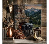 Rustic Mountain Grill Scene Stone Fireplace Canvas Wall Art 16x20