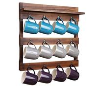 Rustic Mug Rack Wall Mounted with Shelf - 12 Coffee Cup Hangers - Built in Shelf for Coffee, Sugar & More! Wooden Coffee Mug Display and Organizer - Distressed Coffee Rack (Rustic Brown)