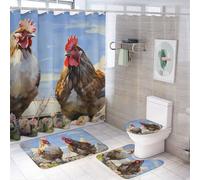 Rustic Natural Chickens Shower Curtain 4 Piece Sets with Non-Slip Rugs,Toilet Lid Cover And Bath Mat Floral Farm Colorful Animal Abstract Waterproof Shower Curtain with 12 Hooks Bathroom Set Home Deco