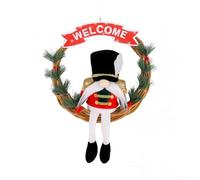 Rustic Natural Rattan Holiday Wreath with Whimsical Gnome Doll and Warm Welcome Wooden Plaque for Door or Wall Hanging (A)