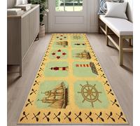 Rustic Nautical Runner Rug for Hallway 120x360cm Coastal Sailboat Carpet Runner, Anchor Lighthouse Long Carpet, Machine Washable Rug for High Traffic Areas in Hallway
