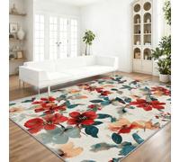 Rustic Nostalgic Living Room Rugs, Soft Washable Non Slip, 60 x 90 cm | Flowers Leaves Watercolor Style, Low Pile Stain Resistant, Carpet for Bedroom Kids Room Playroom Office Entryway