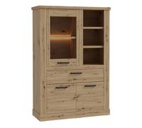 Rustic Oak Display Cabinet - Glass Door Storage Unit with Shelves & Drawer