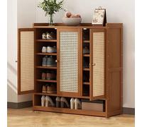 Rustic Oak Rattan Cabinet - Stylish Sideboard with Doors Adjustable Shelves & Hidden Shoe Storage - Chic Rattan Front Design for Entryway & Living Room