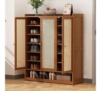 Rustic Oak Rattan Cabinet with Doors & Adjustable Shelves - Hidden Shoe Storage Sideboard, Brown 35.4" x 12.6" x 42.1" - Stylish Home