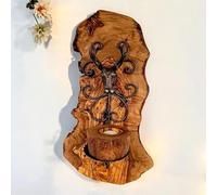 Rustic Olive Wood Wall Mount Candle Holder with Cast Iron Deer Head - Handcrafted Wall Sconce for Cabin, Lodge, or Farmhouse Decor - Natural Live Edge Accent with Vintage Scrollwork