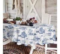 Rustic Oval Tablecloth 60x84 Inch,Blue and White Country Tablecloth Classic French Village Print Polyester Waterproof Table cloth for Farmhouse Kitchen Decor/Indoor and Outdoor Tables/Parties/Picnics