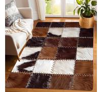 Rustic Patchwork Cowhide Rug, 60x110cm Brown White Geometric Animal Print | Area Rugs for Lounge, Large Washable Non-Slip Floor Mat, Farmhouse Decor Carpet for Living Room