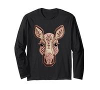 Rustic Patchwork Moose Floral Animal Boho Folk Art Graphic Long Sleeve T-Shirt