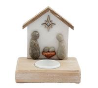 Rustic Pebble Art Nativity Scene Tealight Candle Holder, White Wooden House Design, Christmas Holiday Decor with Star, Natural Stone Pebble People Christian Figures