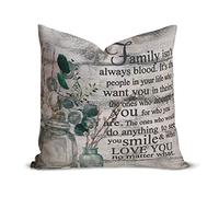 Rustic Pillow Cover Mason Jar Floral Family Isn't Always Blood 16 x 16 Inch, Square Cotton Linen Vintage Quotes Cushion Covers, Decorative Throw Pillow Case Protector with Hidden Zipper for Sofa Couc