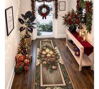 Rustic Pine and Candle Holiday Theme Candles Christmas Runner Rug 2x5 | Pine Branches, Carpet Runner, Red Berries, Rustic Wooden Planks, Traditional Ornaments, Seasonal Home Accents