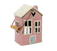 Rustic Pink Ceramic House Tealight Holder | Distressed Tea Light Lantern with Handle Holder | Candle Holder House - 20.5cm
