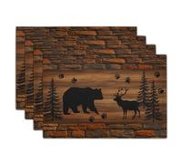 Rustic Placemats - Brown Cabin Bear Place Mats Set of 4 Country Moose Wooden Tablemats 12x18 for Dining Kitchen Farmhouse