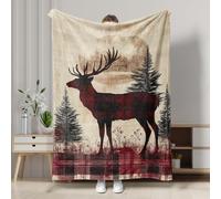 Rustic Plaid Deer Throw Blanket, Beige Vintage Stag Winter Decor Cozy Blanket for Sofa, Bed, All Season, Nature Inspired Soft Warm Blanket 60x80 Inch
