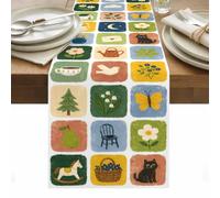 Rustic Plaid Table Runner Cottage Flower Butterfly Black Cat Pine Tree Bird Green Washable Cotton Linen Dining Table Runner Tabletop Decorations for Restaurant Home Kitchen Party 13 x 36 Inch,