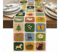 Rustic Plaid Table Runner Retro Cottage Flower Butterfly Black Cat Pine Tree Bird Washable Cotton Linen Dining Table Runner Tabletop Decorations for Restaurant Home Kitchen Party 14 x 72 Inch,