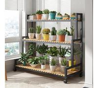 Rustic Plant Stand with Wheels, 3 Tier Ladder Plant Flower Shelf, Rolling Plant Shelves, Metal Plant Rack with Solid Wood for Patio Garden Balcony, Flowers Pot Holder Rack Indoor Outdoor Black