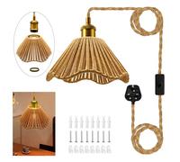 Rustic Plug in Ceiling Light Fixture,Retro Hemp Rope Pendant Lights with 16.7 Ft On/Off Switch and UK Plug Cable, E26 E27 Socket Plug in Hanging Lights with Woven Lampshade, for Bedroom Dinning Room
