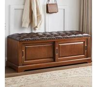 Rustic PU Upholstered Sto Bench with 2 Sliding Doors Space-Saving Bedroom Ottoman 47.24in Yellow Wooden Banco Zapatero for nizat and Sle