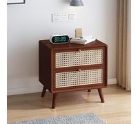 Rustic Rattan Nightstand Solid Wood Side Table with 2 Rattan-Weave Drawers Storage Nightstand for Bedroom & Living Room Farmhouse Style (43 x 40 x 48 cm)